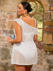 Swim Chiccia 大码女式沙滩度假休闲半透明不对称肩部罩衫 - 白色 - 查看 2