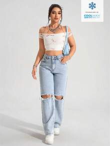 SHEIN PETITE Women's Casual Fashion Street Chic High Waist Distressed Loose Wide Leg Denim Jeans, Suitable For Daily Commute In Summer - Light Wash - View 5