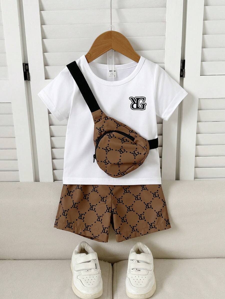 SHEIN 3pcs Baby Boy Outfit: Floral Print T-Shirt, Shorts, And Crossbody Bag, Fashionable, Casual, Cute, Versatile For Summer Occasions - Multicolor - View 1