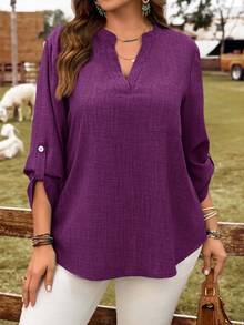 EMERY ROSE Plus Size Solid Color Notched Collar Casual Rolled Sleeve Shirt V Neck Blouses For Women Purple Blouse Women Plus Size Casual Tops - Purple - View 1