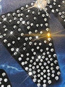 ROMWE MEN Street Life 男士休闲时尚街头自由女神像标语印花水钻装饰短袖T恤，夏季 - 彩色 - 查看 2