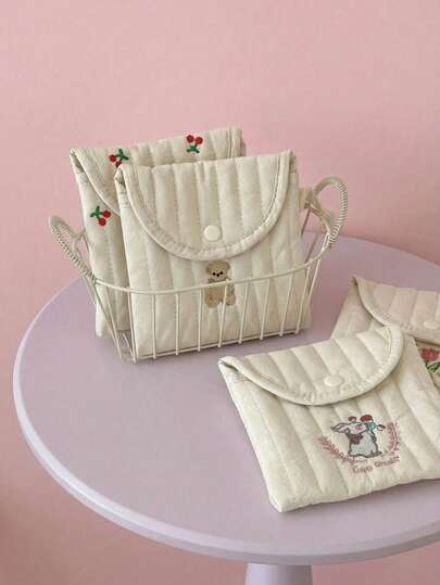 Joivida 1pc Cute Cherry Pattern Mini Pouch - Portable Sanitary Pad & Makeup Bag For Women, Compact Travel Organizer With Soft Fabric, White With Red & Green Accents, Cosmetic Travel Case