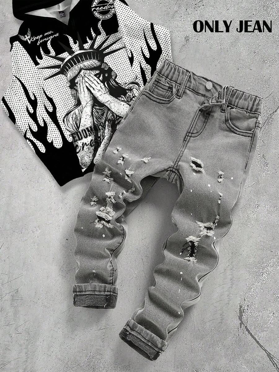 Young BoySplatter Paint Black Denim Skinny Jeans - Grey - View 1