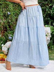 SHEIN 孕妇夏季度假休闲格子荷叶边A字裙 - 藍色 - 查看 6