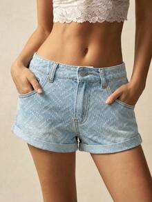 Bohemela 女士休闲日常通勤低腰水洗纹理面料卷边牛仔短裤，夏季 - 淺色水洗藍 - 查看 5