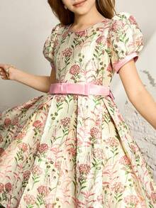 儿童花朵泡泡袖公主裙，优雅派对礼服，适合生日派对、选美比赛等场合 - 粉色 - 查看 6