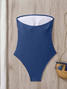 Swim Chiccia Baju Renang One-Piece Model Bandeau Warna Polos untuk Wanita, Pakaian Pantai Musim Panas - Biru - View 7