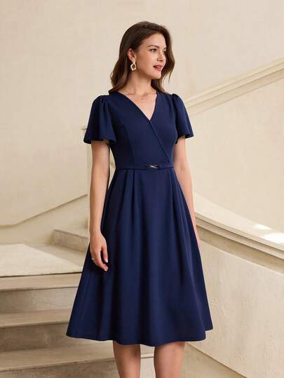 Miaspire Vestido midi de mujer de unicolor y cuello en V elegante