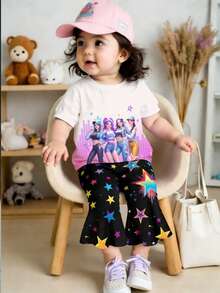 2pcs/Set Girls K-Pop Girl Group Graphic Print Round Neck Short Sleeve T-Shirt Top And Colorful Star Flare Pants Set, Casual Daily Outfit For Baby/Toddler Girls, Spring/Summer Baby Girl Streetwear Baby Girl Outfit Baby Girl Birthday Clothes Baby Girl Clothes Skirt Baby Girl Clothes Set - Multicolor - View 3