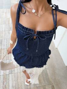 Sunnyshic Women's Fashion Casual Lace Drawstring Tie Ruffle Hem Washed Denim Camisole - Dark Wash - View 7