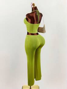 Amplova Women's Halter Lace Patchwork Top And Flared Pants Two Pieces Set, Sexy V-Neck Green - Green - View 10