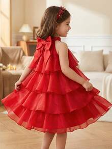 SHEIN Đầm suông không tay màu trơn có bèo nhún cho bé gái - Đỏ - Xem 4