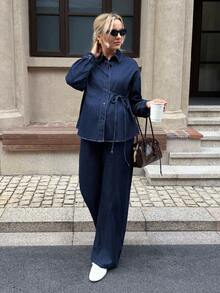 SHEIN Maternity Simple Solid Color Long Sleeve Top And Jeans Two Pieces Set, Casual Everyday Wear Spring Christmas New Year Thanksgiving Commuting Vacation Graduation Chic Y2k Cute Streetwear Coquette Party Wedding Elegant Business Casual Woman - Blue - View 7