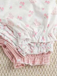 Souflis Souflis French New Style Baby Girl 3 Pieces Set Summer Romper Shorts, Cute Rabbit Pattern, Ruffled Sleeves & Hem, Casual Everyday Wear - Multicolor - View 8