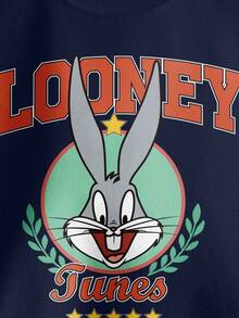 LOONEY TUNES X SHEIN Young Boy Colorblock Cartoon & Letter Graphic Crew Neck Long Sleeve Sweatshirt - White - View 3
