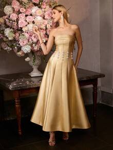 MOTF PREMIUM FORM-FITTING STRAPLESS MAXI PARTY GOWN, STIFF LUSTROUS FABRIC, CHEST RUCHING & WAIST FAUX PEARL EMBELLISHMENT BACK LACE-UP DESIGN DRESS, IDEAL FOR WEDDINGS, GALAS & FORMAL EVENINGS, STYLE WITH STRAPPY HEELS & DAINTY JEWELRY - Yellow - View 2