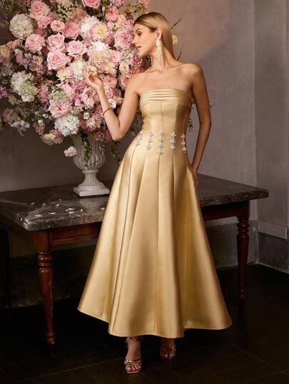 MOTF PREMIUM FORM-FITTING STRAPLESS MAXI PARTY GOWN, STIFF LUSTROUS FABRIC, CHEST RUCHING & WAIST FAUX PEARL EMBELLISHMENT BACK LACE-UP DESIGN DRESS, IDEAL FOR WEDDINGS, GALAS & FORMAL EVENINGS, STYLE WITH STRAPPY HEELS & DAINTY JEWELRY