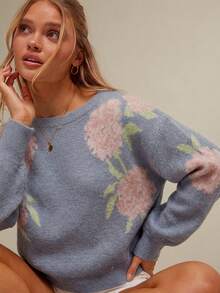 WESTFADE 春季西部牛仔风花卉提花船领长袖针织毛衣 - 淺藍色 - 查看 5