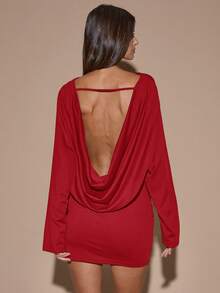 SHEIN BAE 秋冬季纯色棕色/咖啡色长袖宽松深V领露背性感迷你连衣裙，适合鸡尾酒会、浪漫约会、聚会、正式活动、伴娘礼服、夜生活、万圣节、圣诞节等场合。 - 紅色 - 查看 5