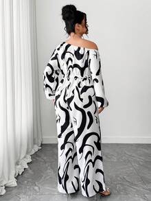 SHEIN Elenzya Plus Size Contrast Color Print Asymmetric Shoulder Jumpsuit - Black and White - View 2