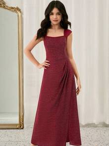 优雅奢华时尚方领无袖宽肩带收腰长款酒红色金属光泽亮面舞会礼服，适合少女毕业典礼、主持、演出、圣诞节等场合。 - 酒紅色 - 查看 1