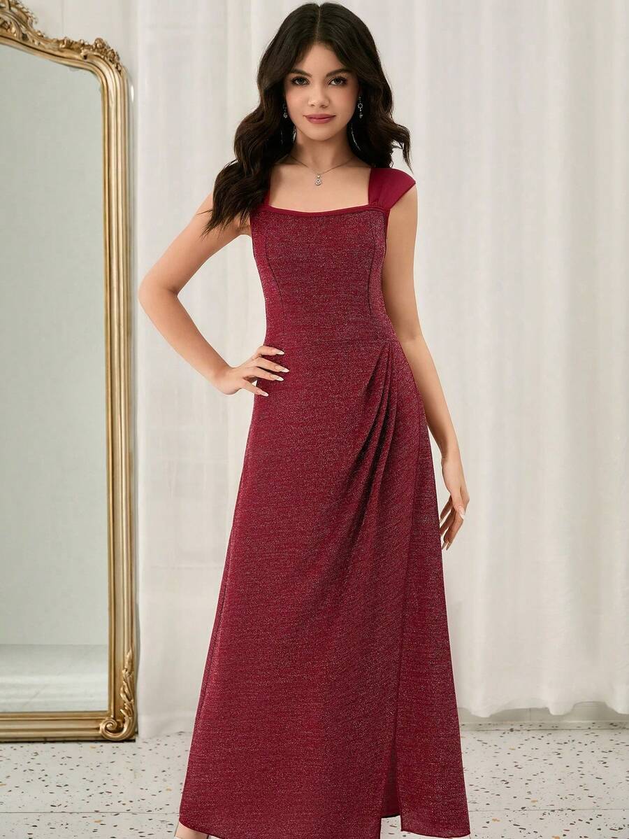 优雅奢华时尚方领无袖宽肩带收腰长款酒红色金属光泽亮面舞会礼服，适合少女毕业典礼、主持、演出、圣诞节等场合。 - 酒紅色 - 查看 1