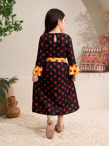 Vestido Floral Elegante de Menina Jovem com Gola Dourada em Forma de Flor e Mangas Sino - Preto - Visão 2