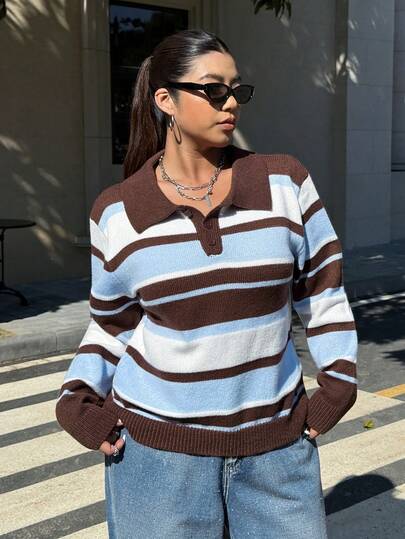 Muchica Plusstorlek Dam Casual Vardag Pendling Färgblock Randig Mönster Polotröja, Höst/Vinter