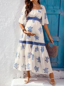 SHEIN Vestido de maternidad de moda con estampado, cuello cuadrado, para verano - Multicolor - Ver 3