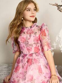 少女优雅派对碎花网纱连衣裙 - 粉色 - 查看 8