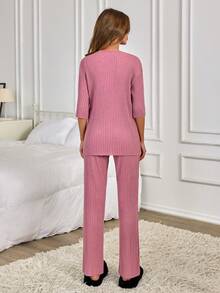 EURMUSE Sleepy Girl Ribbed Short Sleeve Lounge Set – Moon & Cozy Vibes In Blush Pink - Pink - View 2