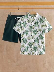 HIMLAND Men's Vacation Casual Coconut Tree Print Shirt And Shorts Set - Multicolor - View 2