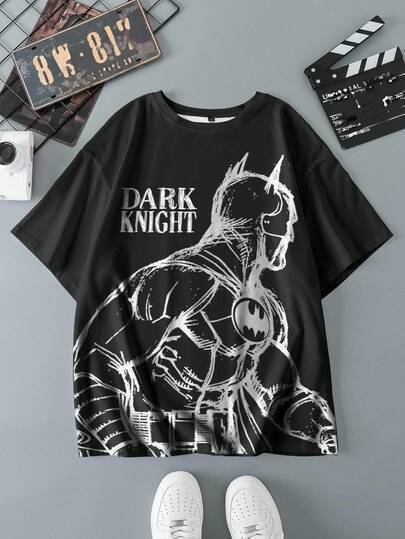 BATMAN X SHEIN Plus Size Men's Casual Cartoon Figure Graphic Round Neck Short Sleeve T-Shirt, Summer