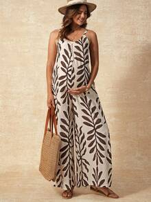 Boho Mama 孕妇度假休闲碎花连体裤 - 杏色 - 查看 2