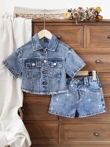 Young Girls Denim Set, New Casual Fashion Simple Versatile Rhinestone Washed Blue Denim Set - Blue - View 4