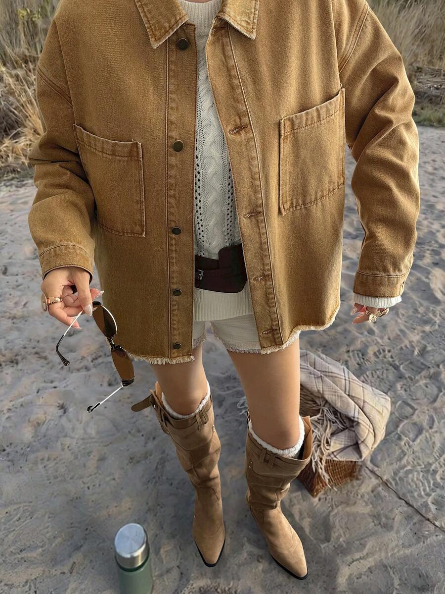 Livesso 休闲宽松女式牛仔夹克，翻领，毛边下摆