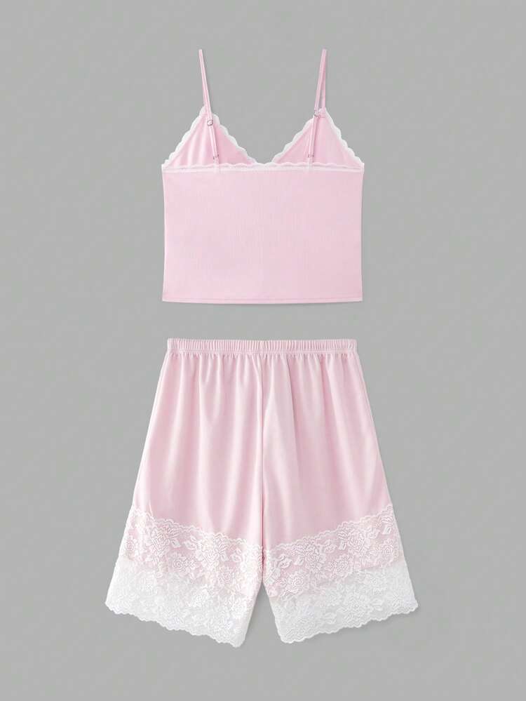 Pink Lace-Trim Cami And Matching Shorts Set With Scalloped Hem Spring Summer Comfy Sleepwear Pink Pyjama Set French Style Parisian Style