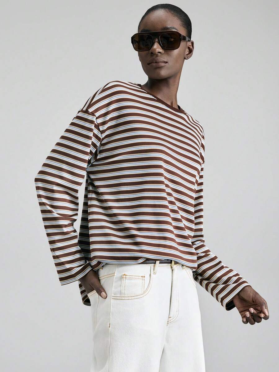 Ontre 2026SS Nueva Blusa de Manga Larga a Rayas con Cuello Redondo, Corte Holgado, Uso Casual de Oficina, Primavera/Verano - Café integral - Ver 1