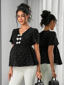 Momance Maternity Shirt With V-Neck, Bow Decor, A-Line Hem, Polka Dot Print, Short Sleeve - Black - View 5