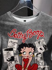 Betty Boop x SHEIN Women's Casual Letter & Cartoon Graphic Round Neck Short Sleeve T-Shirt, Summer - White - View 3