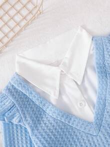 SHEIN Playful Pals 2pcs/Set Baby Girls Casual Cute Waffle Shirt Top With Cherry & Fruit Embroidery And Denim Pants Set, Autumn/Winter - Blue - View 5