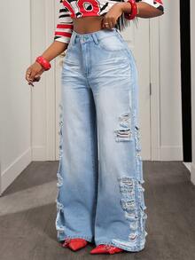 BamGleam Women's Casual Fashion Street Chic Daily Commute Distressed Loose Wide-Leg Jeans - Light Wash - View 3