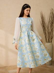 Teen Girls Sky Blue Elegant Summer Midi Dress,Jacquard Patchwork Sheer Lantern Long Sleeve Modest Dress For Party,Wedding,Prom,Birthday,Banquet - Blue - View 4