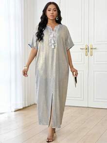 SHEIN Lady Women's Elegant Vacation Style Notched Neck Sequin Tassel Batwing Sleeve Loose Dress - Multicolor - View 6