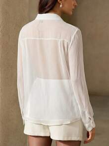 Chiquease Women's Vintage French Style Ruched Patchwork Blouse, Unique Design, Lightweight Sheer Protection Collared Button-Up Long Sleeve Shirt, Spring/Summer - White - View 6