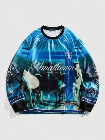 Maglietta a maniche lunghe con collo rotondo, stile casual college, con stampa di cavalli, autunnale, da uomo