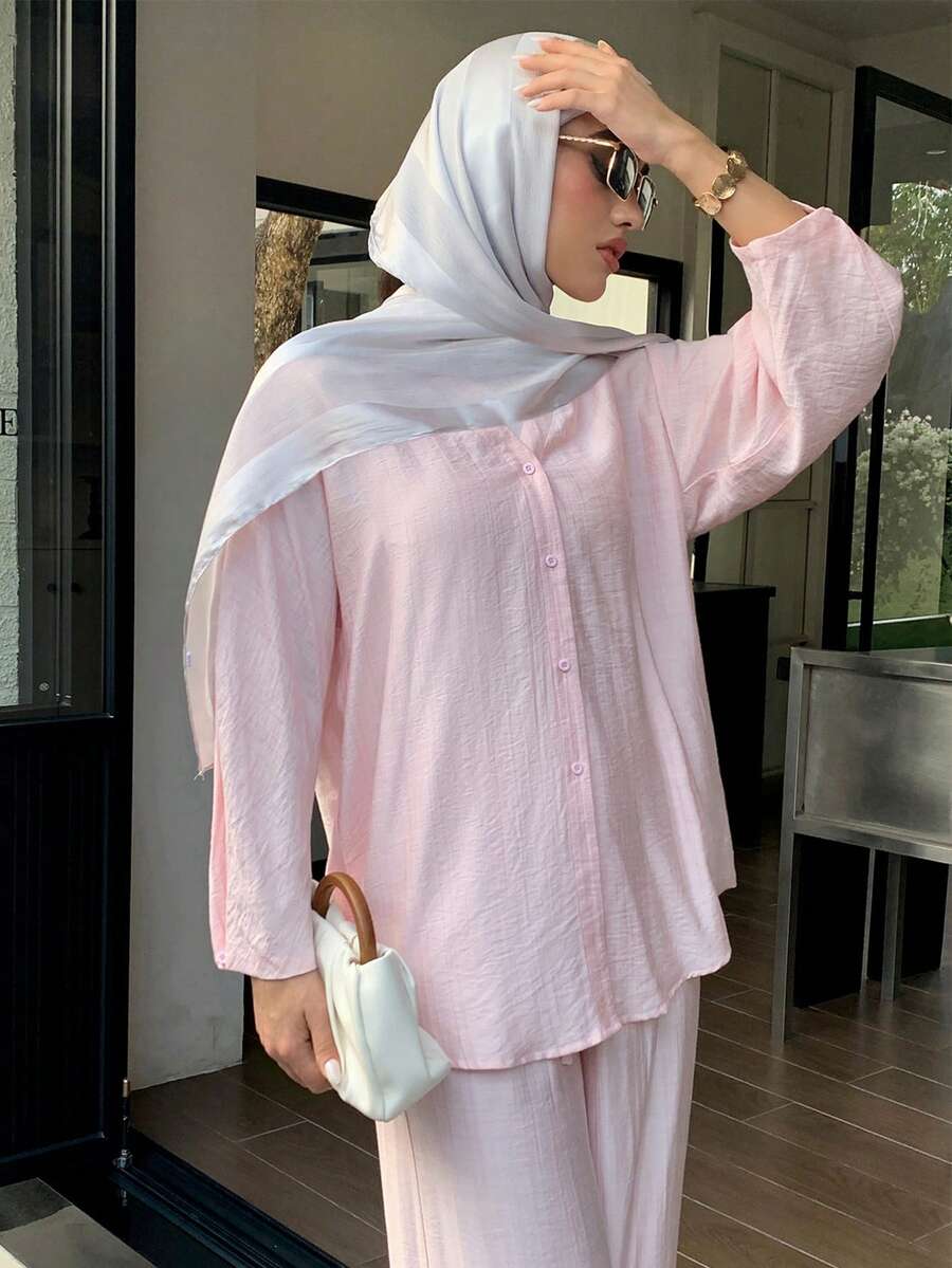 Veilorie Women's Spring Casual Daily Commute Simple Solid V-Neck Shirt And Wide Leg Pants 2 Pieces Set - Pink - View 1