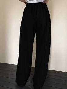 SHEIN 女士黑色弹力腰褶皱口袋宽松休闲直筒裤 - 黑色 - 查看 2