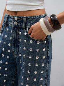 ATUI Studio 女士时尚休闲高腰口袋直筒牛仔裤 - 藍色 - 查看 4