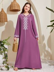 SHEIN Teen Girl Elegant Geometric Pattern Floral Print Notch Neck Long Sleeve Denim Long Maxi Dress - Purple - View 5